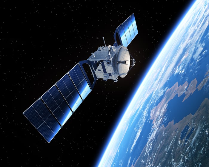 Satellite in space orbiting the Earth.