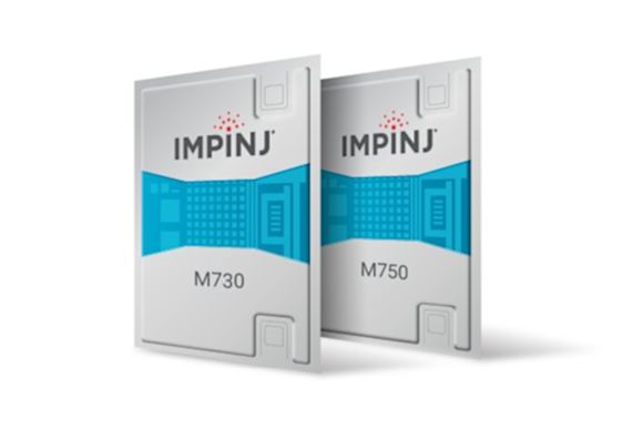 Two RFID chips from the Impinj M700 series on a white background.