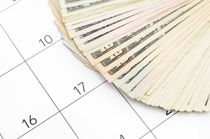A pile of money on a calendar.