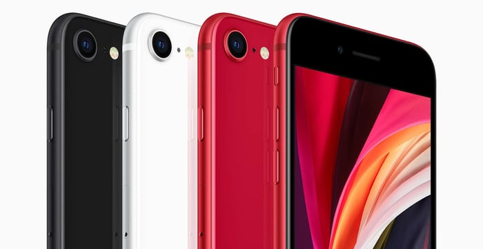 Four iPhones in different colors.
