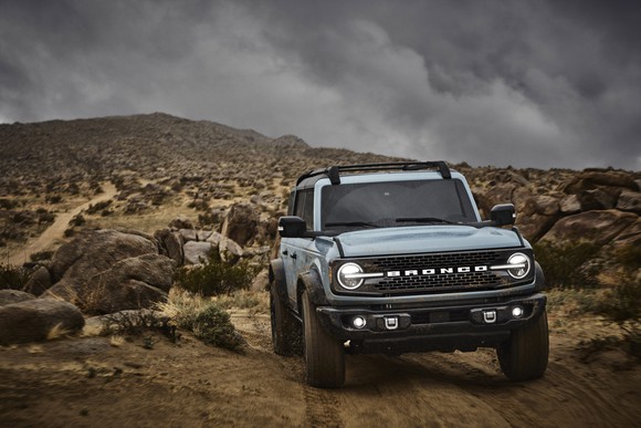 Ford's 2021 Bronco on a dirt road.