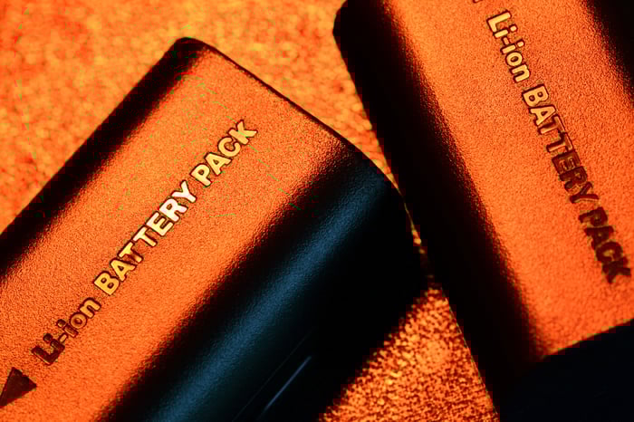Two lithium-ion battery packs laying on a flat surface.