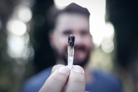 A bearded man holding a lit cannabis joint by his fingertips.