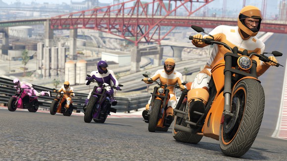 Characters from 'Grand Theft Auto V' on motorcycles.
