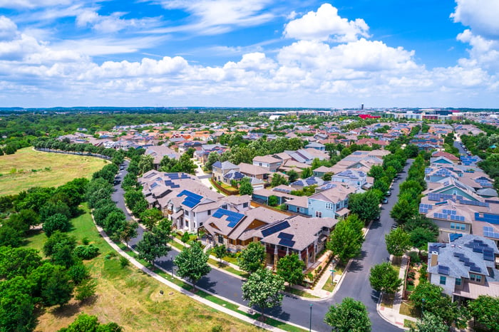 Solar Panel Community in Austin Texas, Aerial Drone View.