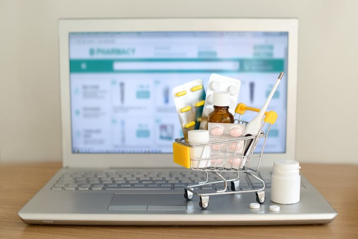 A miniature shopping cart filled with prescription drugs sits on atop a laptop displaying an online pharmacy 