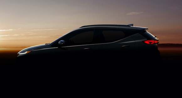 A "teaser" photo of the upcoming Chevrolet Bolt-based crossover SUV, shown in shadow.