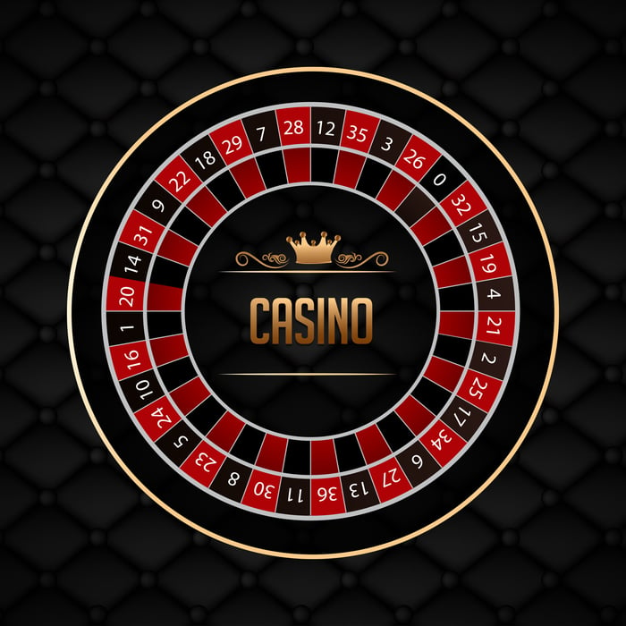 Stylized black and red roulette wheel surrounding the word CASINO