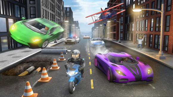 Freeze frame of Roblox game, with cars, an airplane, a police car, and a motorcyclist on a city street