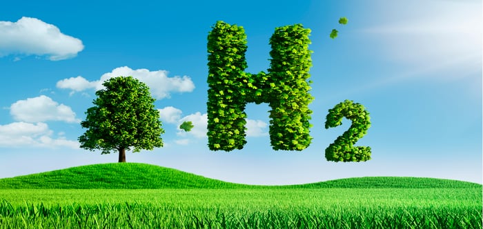 Composed of green leaves, the symbol for hydrogen floats over a green field.