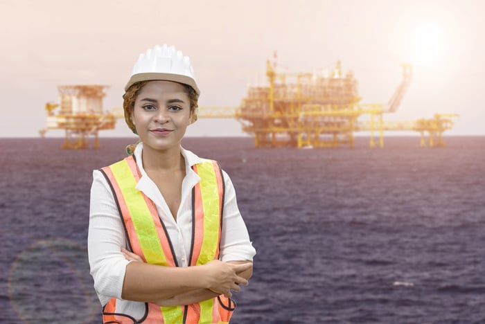 A worker with offshore oil rigs in the background.