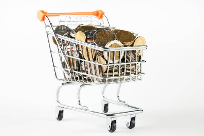 Shopping cart filled with coins