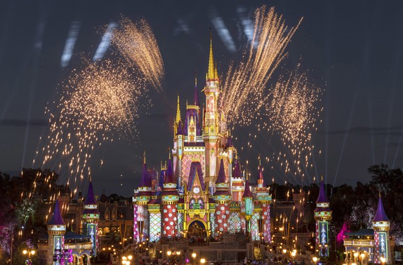 Disney World castle with fireworks.