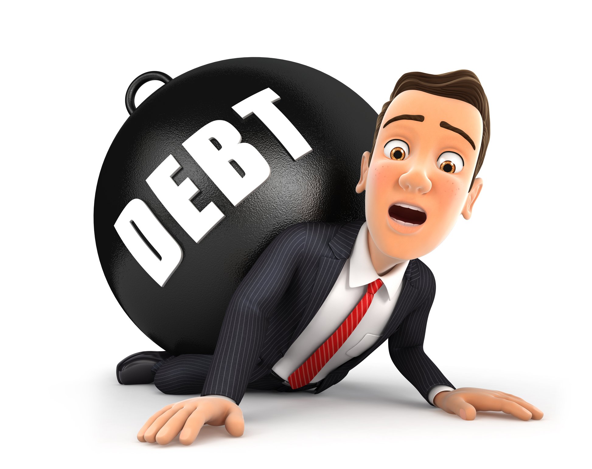 Cartoon man in a suit crushed under a kettlebell reading DEBT