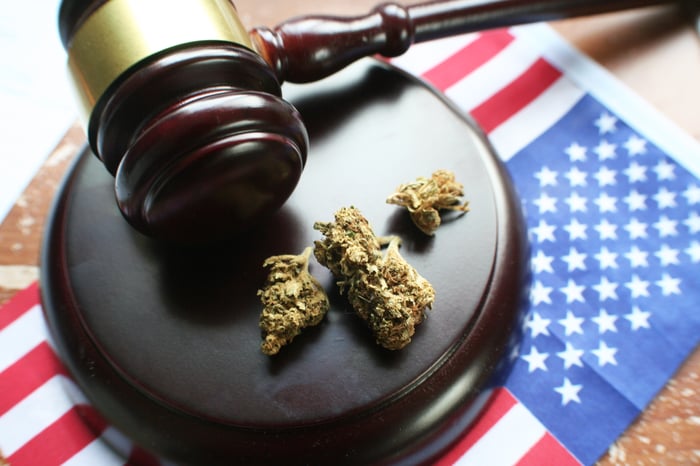 marijuana buds with judge's gavel on top of American flag