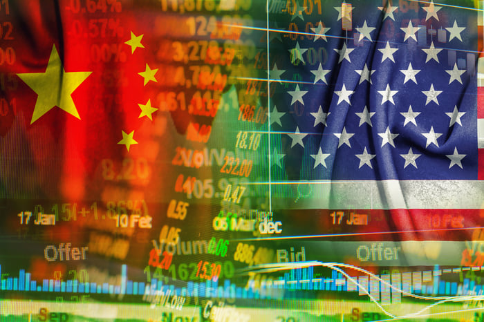 Representations of flags from US and China overlaid with stock market ticker symbols.