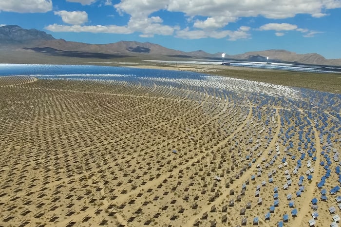 A large solar energy generating facility in the desert.