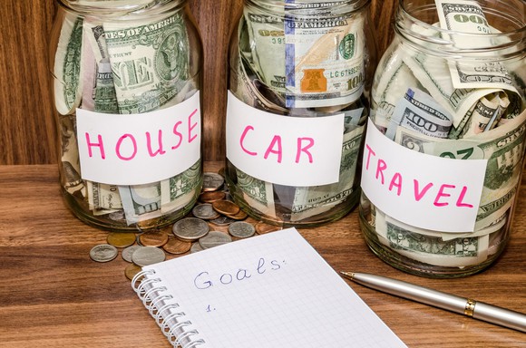Jars filled with money individually labeled house, car, and travel next to a notebook that has Goals written at the top.
