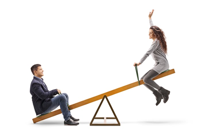 A man and a woman on a seesaw