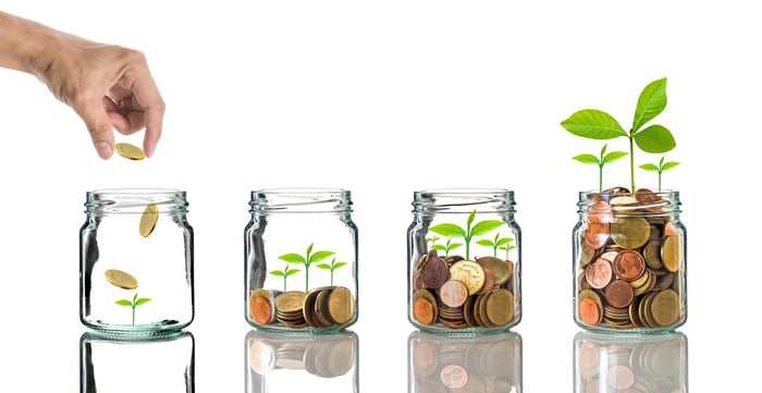 Plants growing from increasingly full jars of coins.