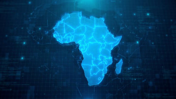 A map of Africa on a blue digital background.