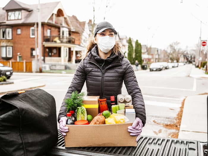 Woman in coat and mask unloading groceries from truck