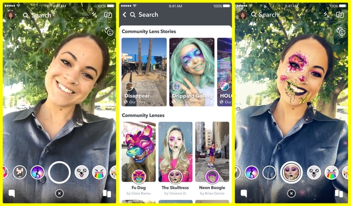 Screenshots of woman applying lenses to a selfie