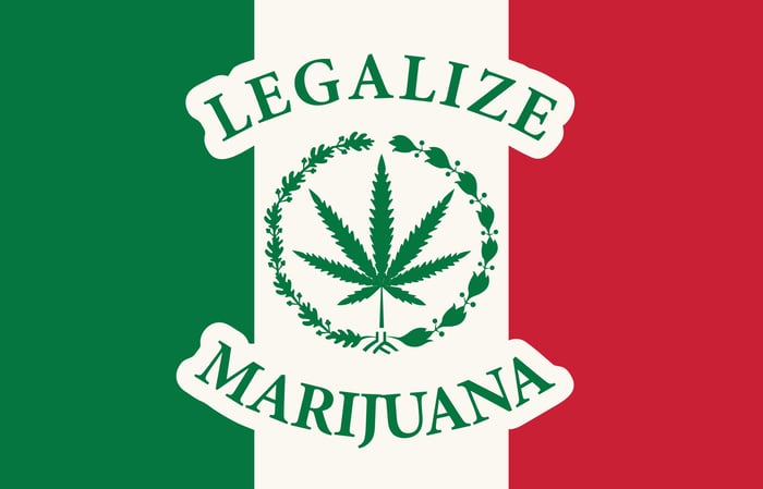 Mexican flag emblazoned with a marijuana leaf and the words LEGALIZE MARIJUANA