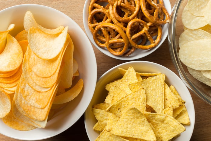 Overhead view of two bowls of potato chips and one bowl each of pretzels and tortilla chips.