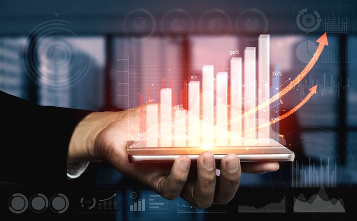 A hand holds a device projecting images of rising arrows and bar charts.