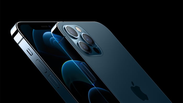 The Apple iPhone 12 Pro seen from an angle.
