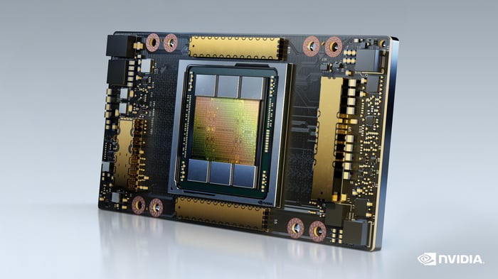 The side of a A100 graphics processor.