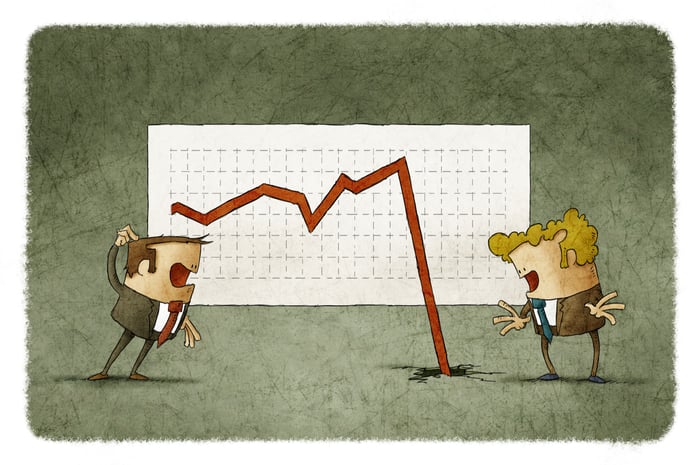 Cartoon characters confused by stock chart arrow falling and crashing into floor