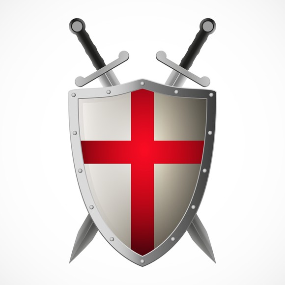 Crusaders shield and crossed swords on plain background.