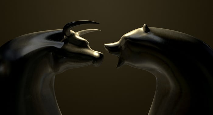 Bronze bull and bear facing off against each other