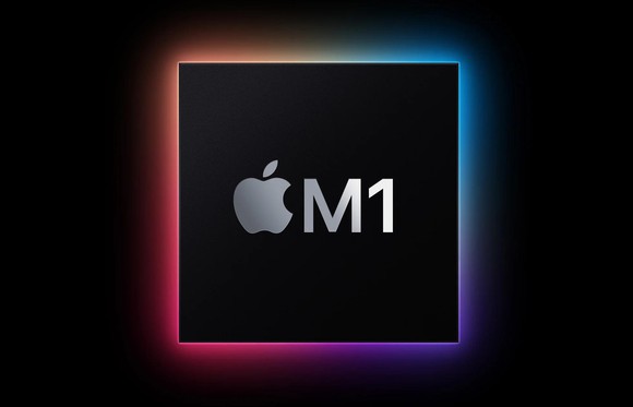 Apple M1 chip with colored background.