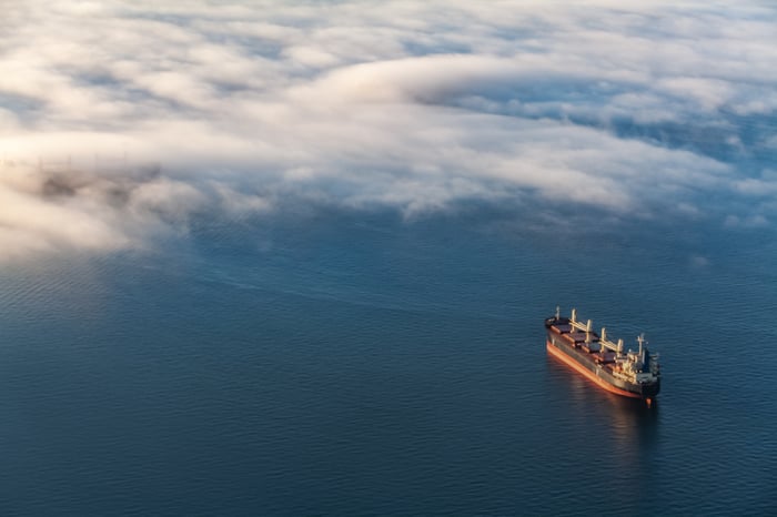 A container cargo ship at sea.