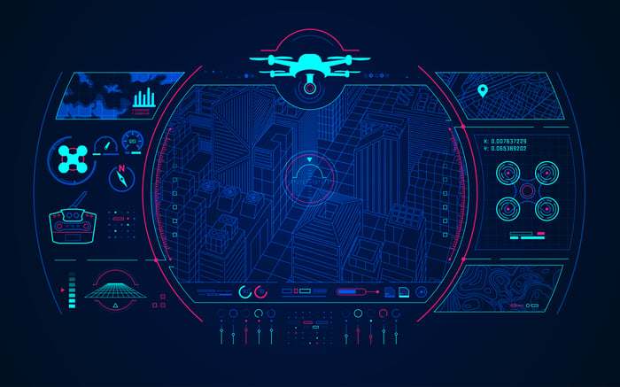 Drone controller screen image showing a 3D urban environment