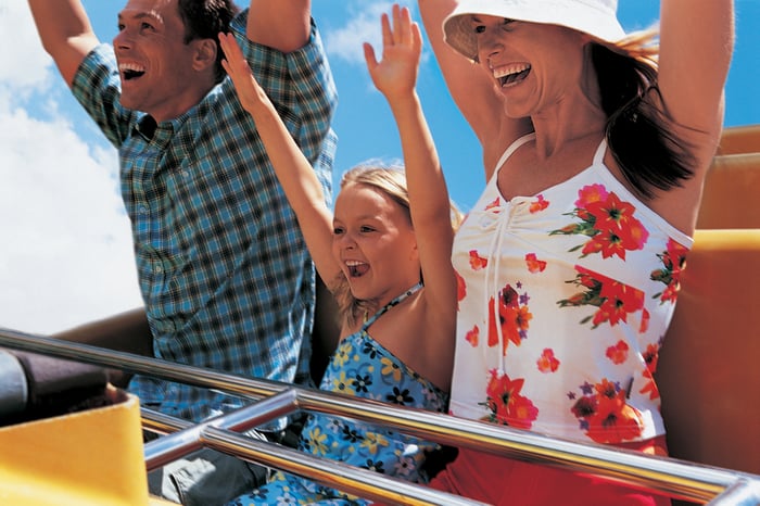 A family on a rollercoaster with their arms in the air.