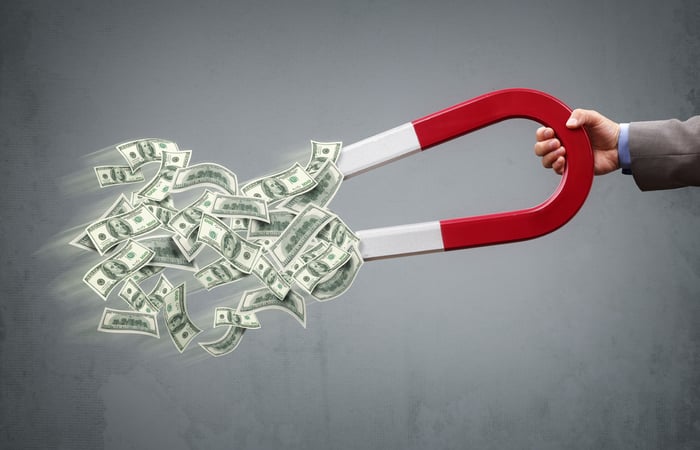 A hand holds a large magnet attracting money