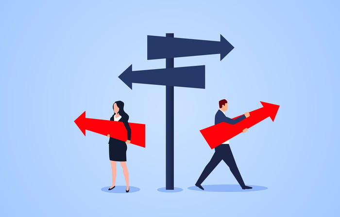 Man and woman holding arrows pointing in opposite directions, under a signpost pointing in opposite directions.