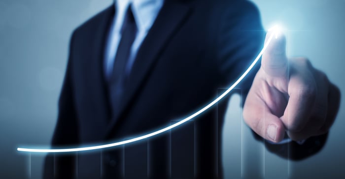 A person is pointing to an upwardly sloping stock chart.