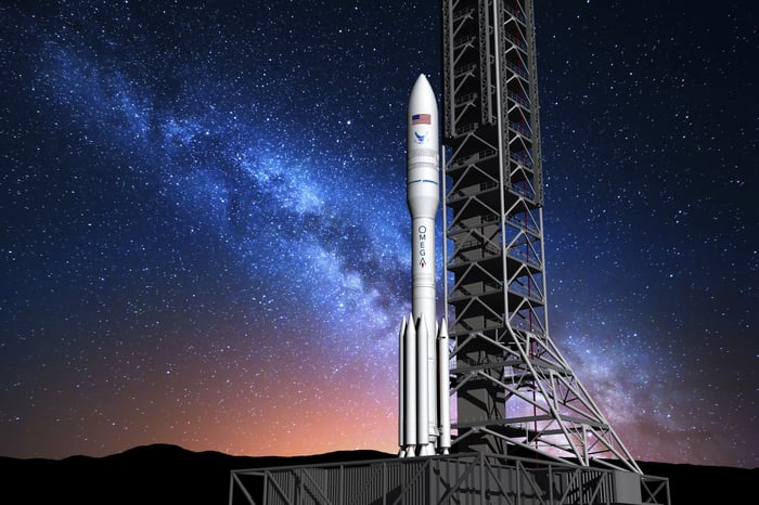 Artist's rendering of OmegA rocket on a launch pad.