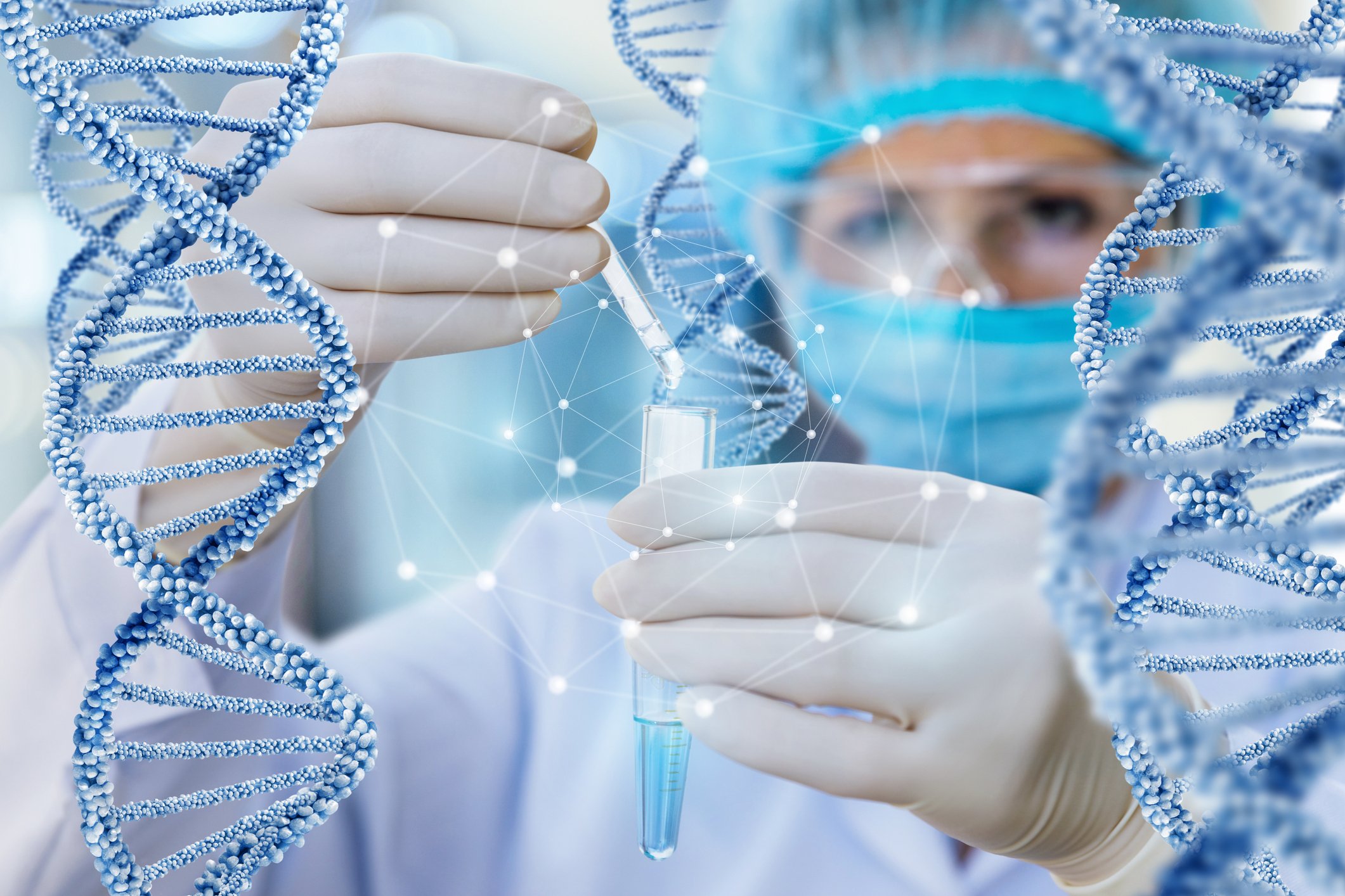 Scientists holding a vial and dropping solution into it with DNA molecule cartoons surrounding