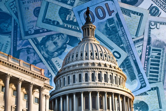 The U.S. Capitol building and a background of cash.