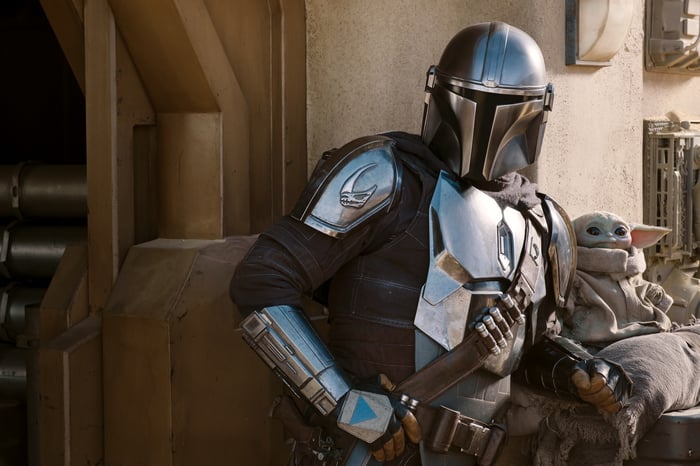 The Mandalorian (Pedro Pascal) and The Child from season 2 of Disney+ original The Mandalorian. 