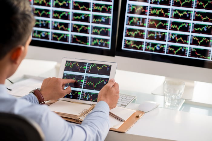 A stock trader analyzing dozens of charts on computer monitors and a tablet. 