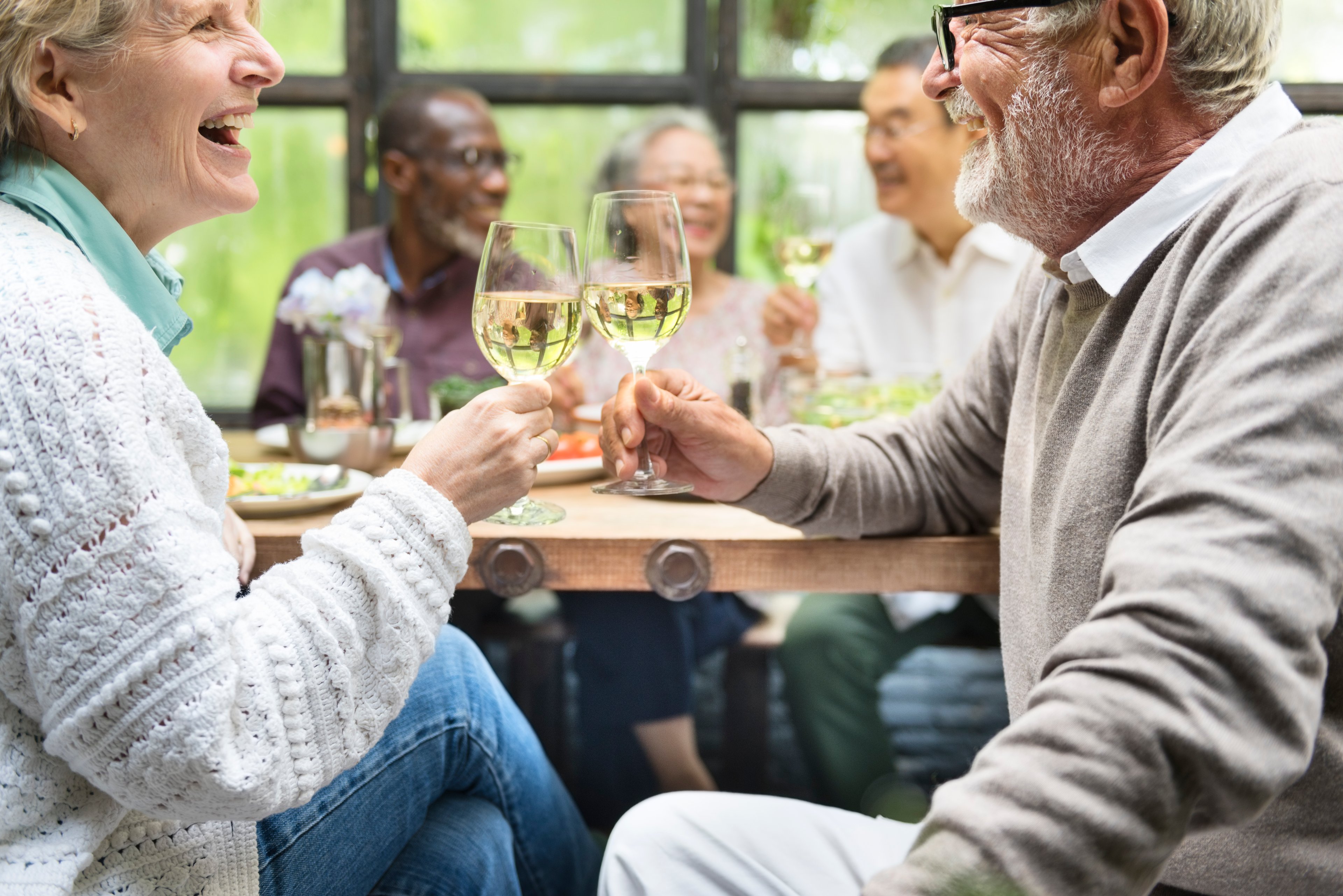 senior man and woman smiling and toasting with glasses of white wine couple happy celebrating party
