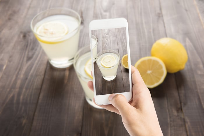 A person with a mobile phone taking a picture of lemons and glasses of lemonade.