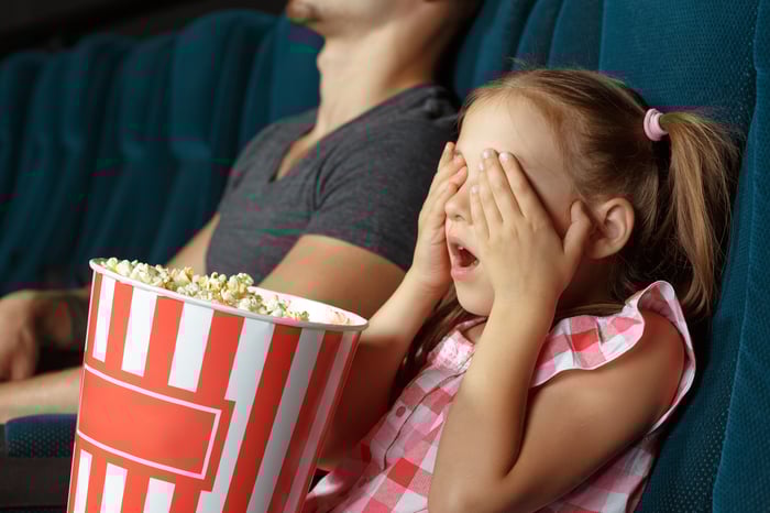 Little girl holding popcorn in a theater covers her eyes